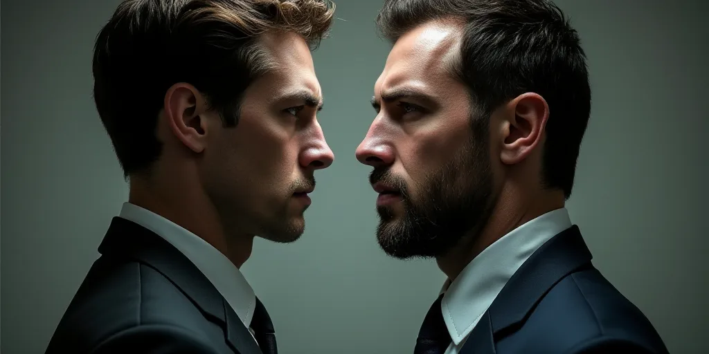 a split photo of a man and a man in a suit and tie looking at each other with a serious look on thei