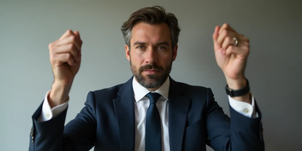 a split photo of a man in a suit and tie and a man in a suit and tie with a hand up, Anthony Devas,