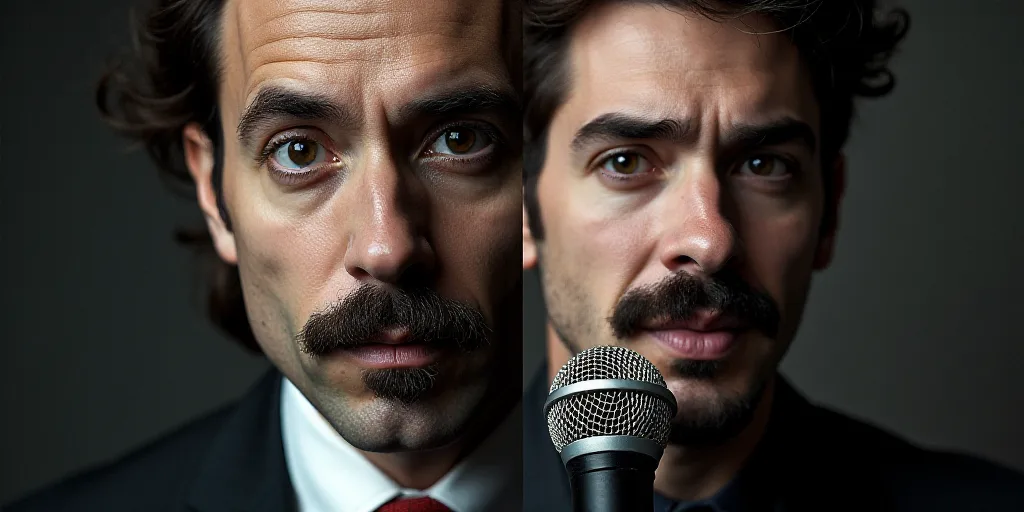 a split photo of a man with a microphone and a man with a suit on and a man with a mustache, Andries