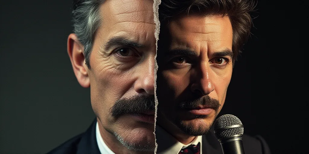 a split photo of a man with a microphone and a man with a suit on and a man with a mustache, Andries