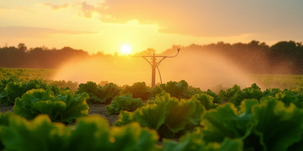 a sprinkler spraying water on a field of lettuce at sunset or dawn in the country, Andreas Gursky, o