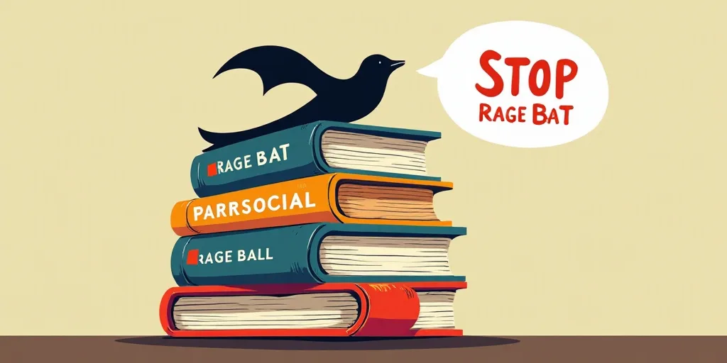a stack of books with a speech bubble above them that says stop rage bat, parrsocial, and rage ball,