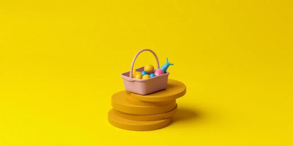 a stack of coins with a basket of items on top of it on a yellow background with a yellow background