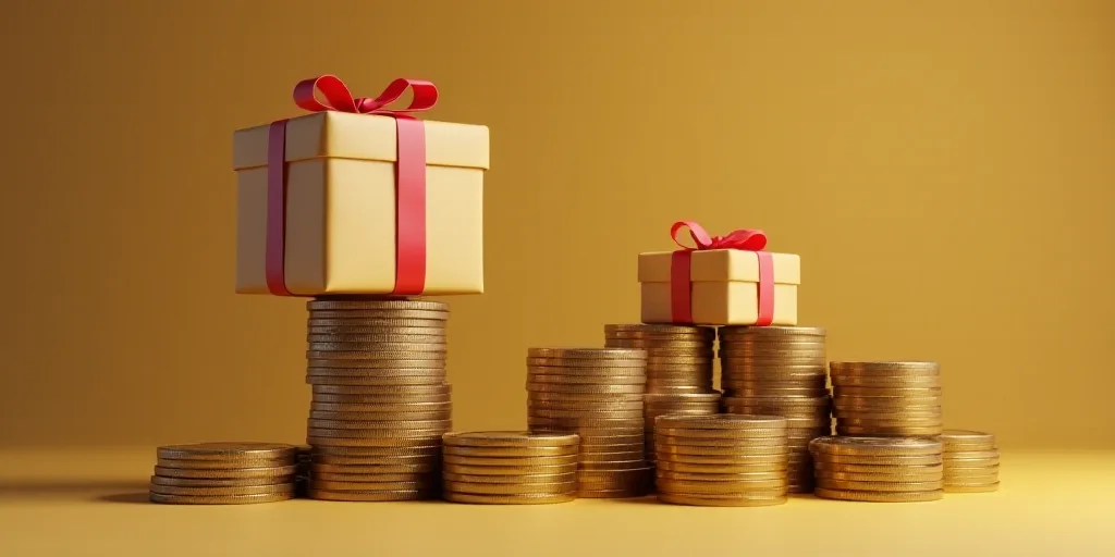 a stack of coins with a wrapped present on top of it and a pile of gold wrapped presents on top of t