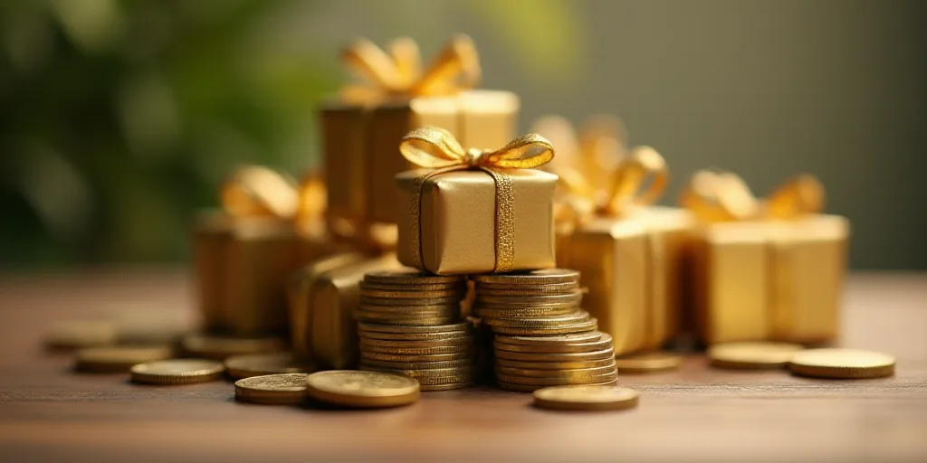 a stack of coins with a wrapped present on top of it and a pile of gold wrapped presents on top of t