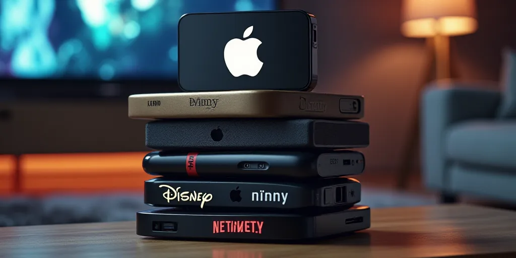a stack of different disney movies and apple tv logos on top of each other, all stacked up in the sa