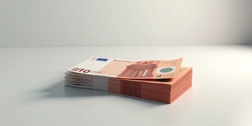 a stack of euro bills sitting on top of each other on a table top with a white background and a blur