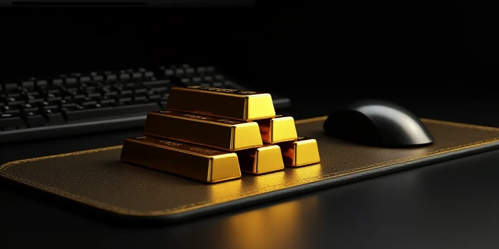 a stack of gold bars sitting on top of a table next to a keyboard and mouse pad, with a black backgr