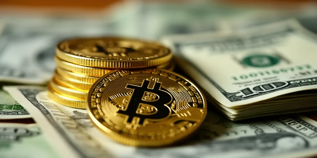 a stack of gold bitcoins and a stack of $ 1 bills with a green and white one, Charles Fremont Conner