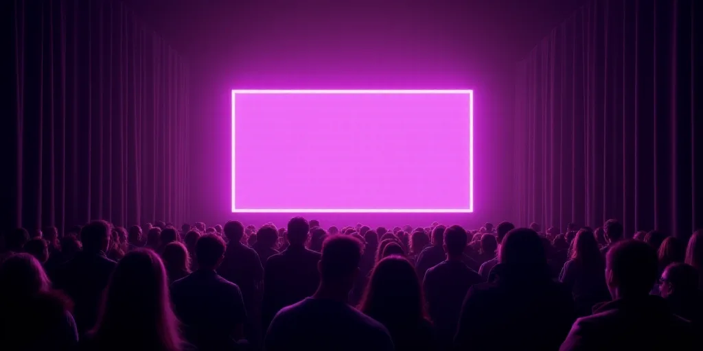 a stage with a neon sign and a crowd of people watching it on a stage with a purple curtain, Avgust