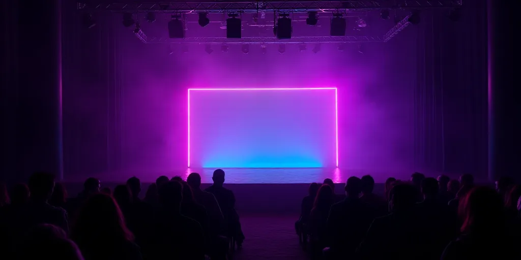a stage with a neon sign on it and people watching it from the stage and a stage with a purple curta