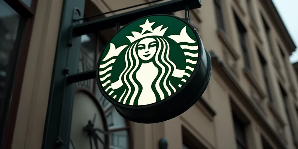 a starbucks sign hanging from the side of a building with a window in the background and a clock in