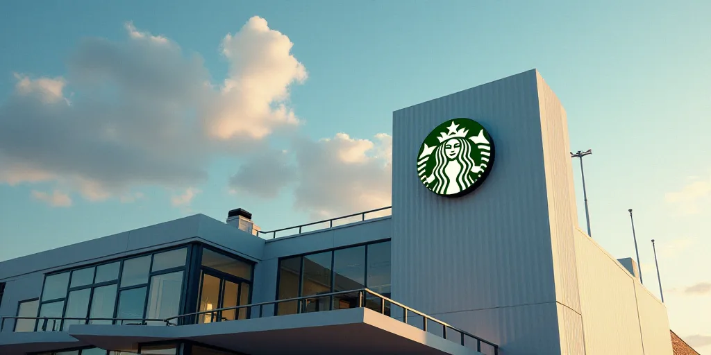 a starbucks sign is shown on a building's side of a building with a sky background and a starbucks l