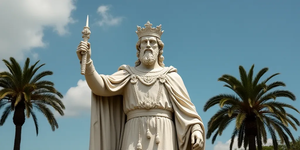 a statue of a king holding a heart and a sword in his hand with palm trees in the background, Amadeo