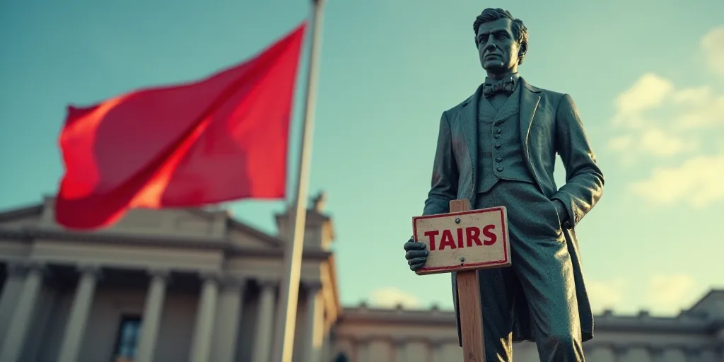 a statue of a man in front of a flag and a sign that says tarifs on it, Beeple, dof, a raytraced ima
