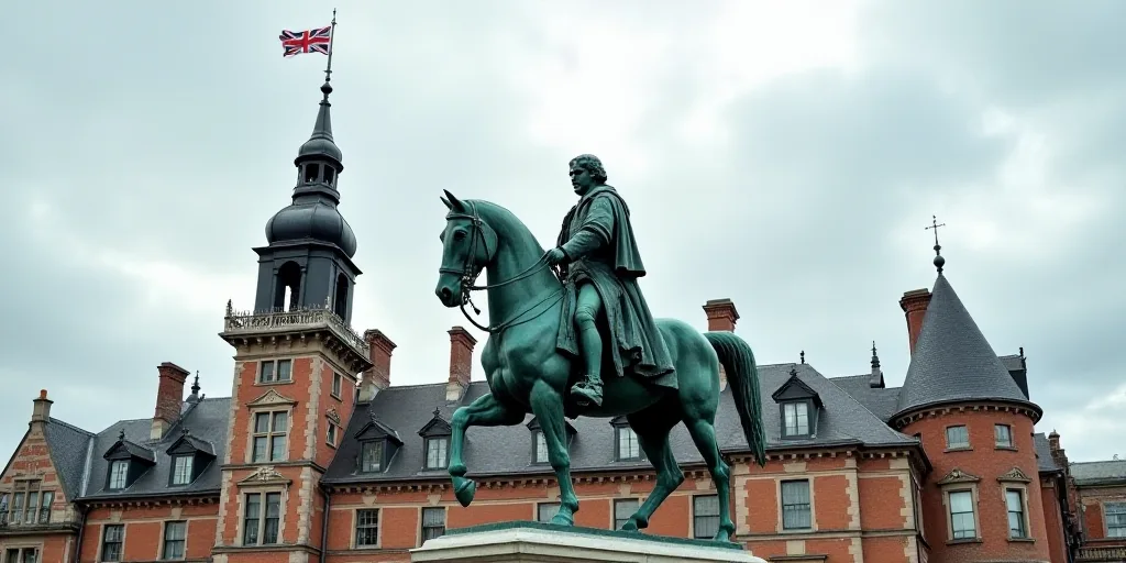 a statue of a man on a horse in front of a building with a flag on top of it, Christopher Wren, symm