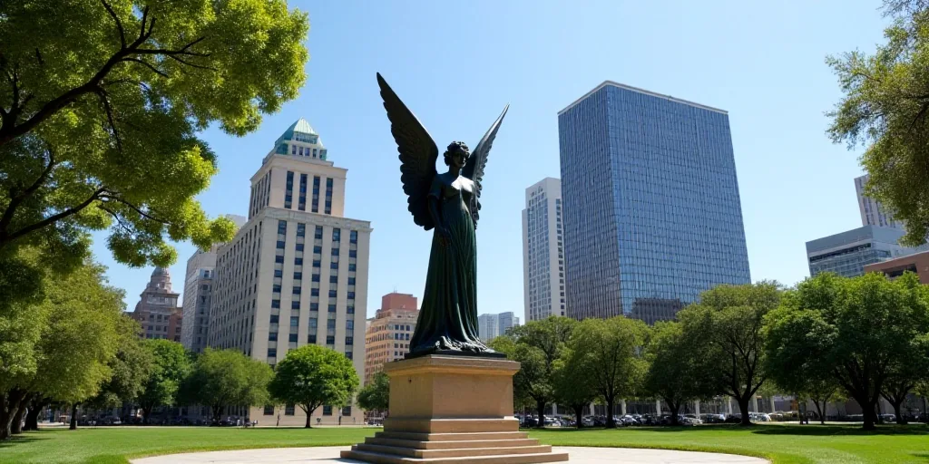 a statue of an angel in a city park with skyscrapers in the background, in a sunny day, David Alfaro
