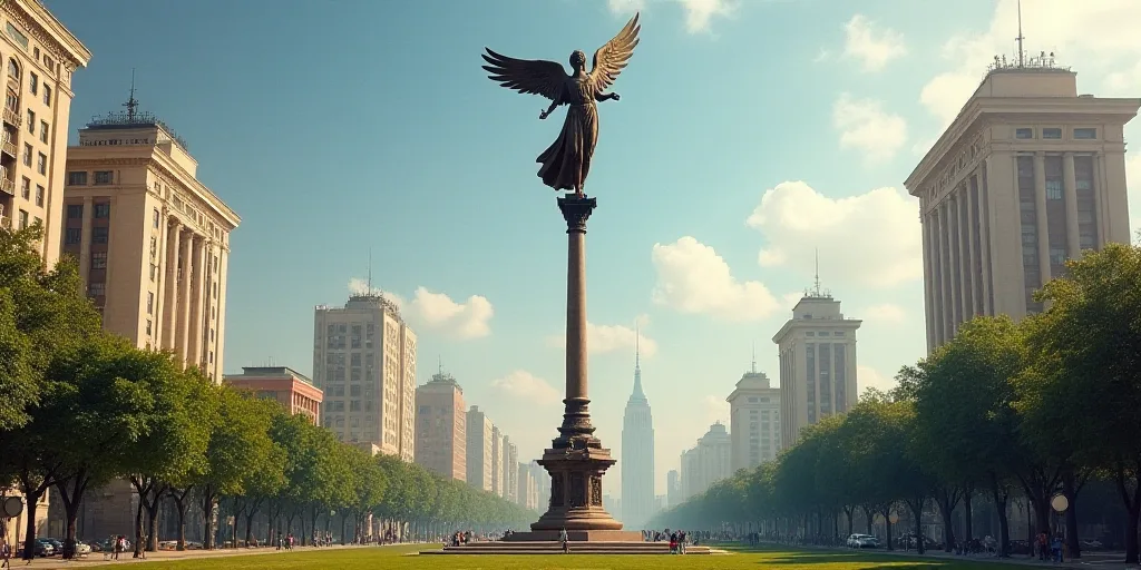 a statue of an angel on top of a tall pole in a city park with tall buildings in the background, Dav
