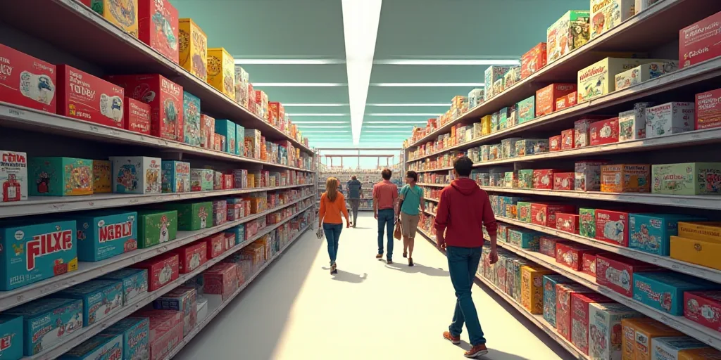 a store aisle with a lot of toys on display and people walking by the aisle in the aisle of the stor