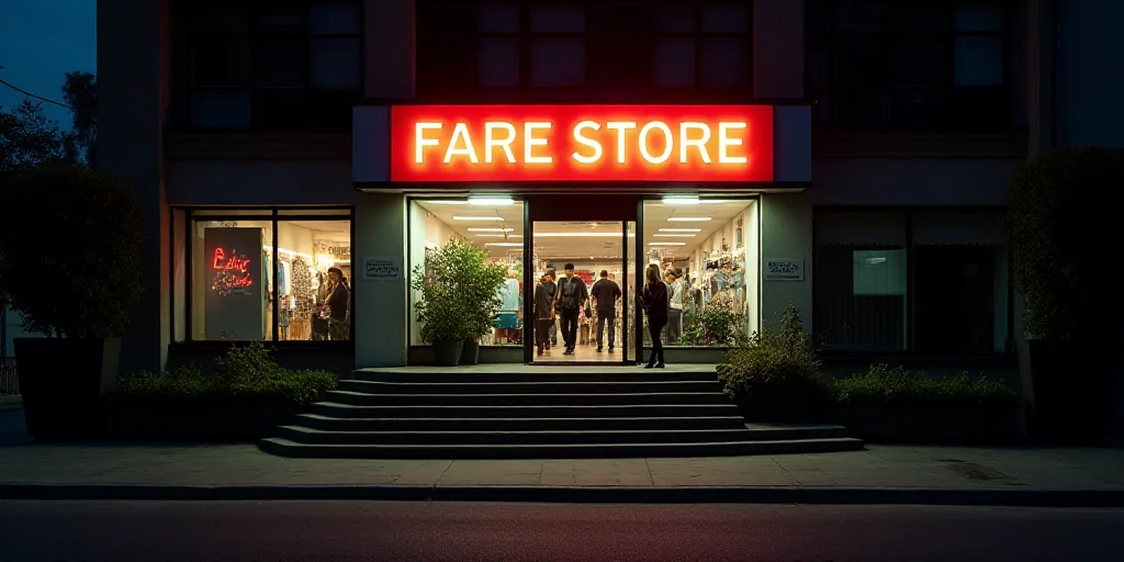 a store front with a lit up sign and stairs leading up to it at night time with people walking in th
