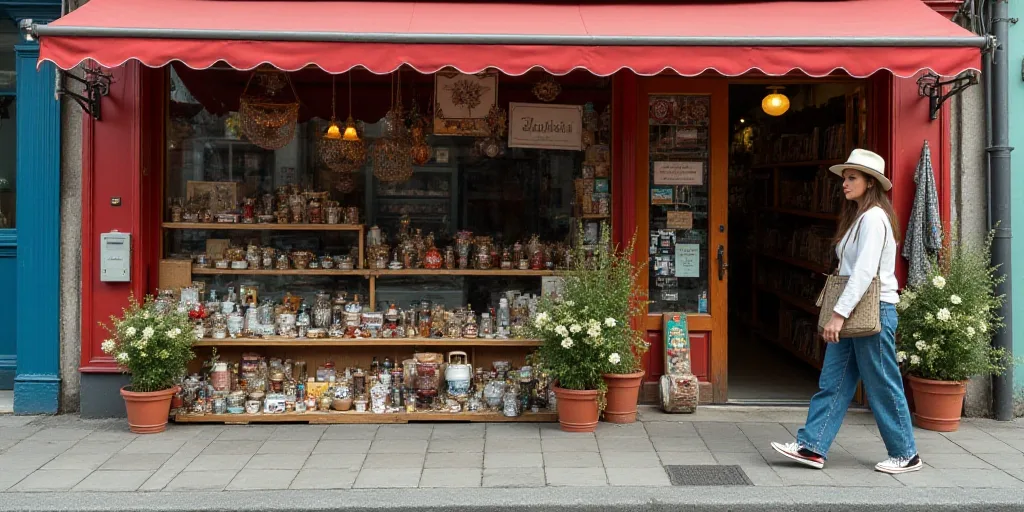 a store front with a lot of items on display outside of it and a woman walking by it on the sidewalk