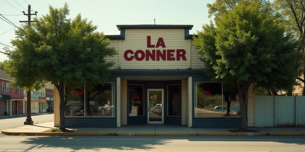 a store front with a sign that says la conner on it's side and trees in front of it, Fay Pomerance,