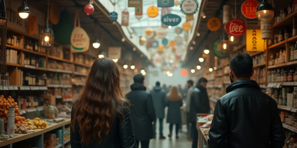 a store with a lot of signs hanging from the ceiling and people shopping in the store with their hai