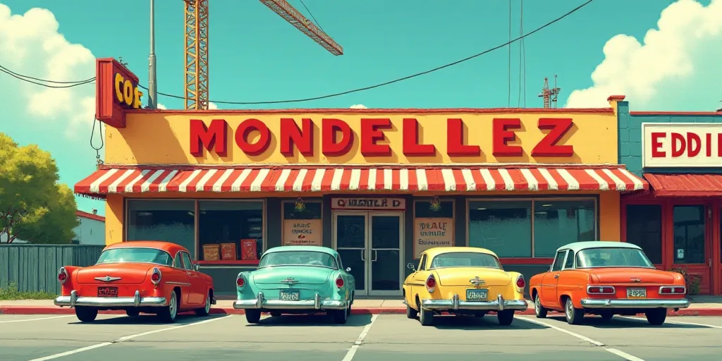 a storefront with cars parked in front of it and a crane in the background behind it and a building