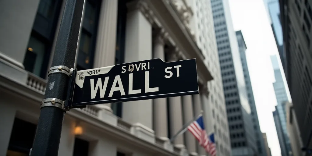 a street sign that is on the side of a building that says wall street and new york stock exchange, A