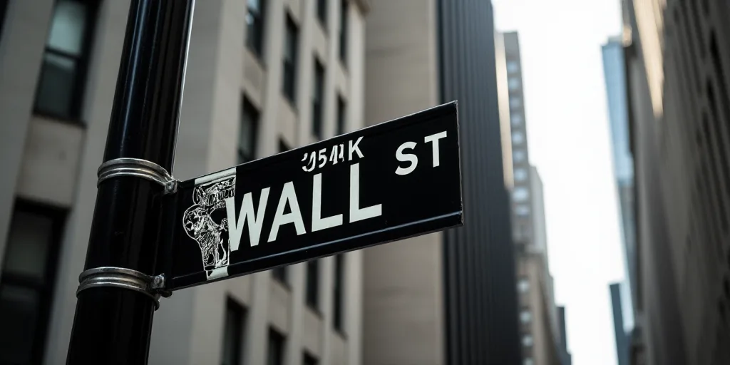 a street sign that is on the side of a building that says wall street and new york stock exchange, A