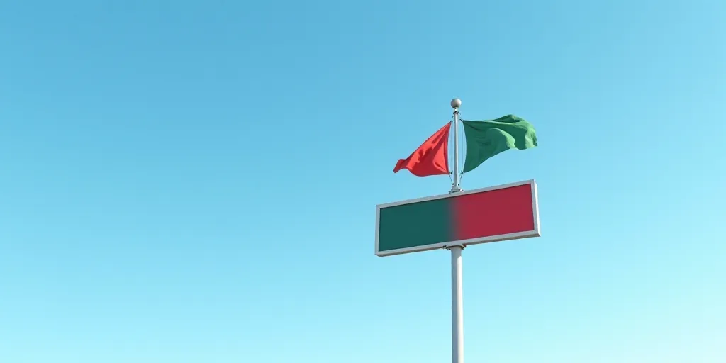 a street sign with two flags on it and a sky background in the background is a blue sky and a white