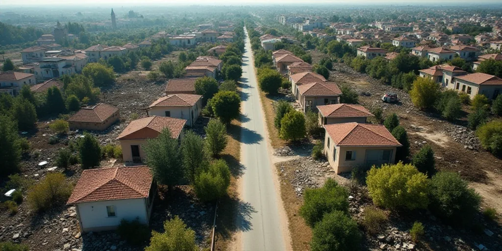 a street surrounded by houses and trees in a devastated area of a city with a road running through i