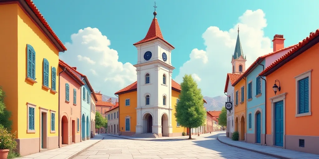a street with a clock tower in the middle of it and a building with a steeple in the background, Cef