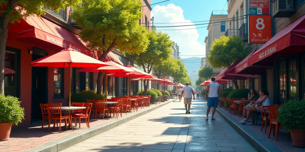 a street with tables and chairs and umbrellas on the side of it and people walking by the sidewalk,