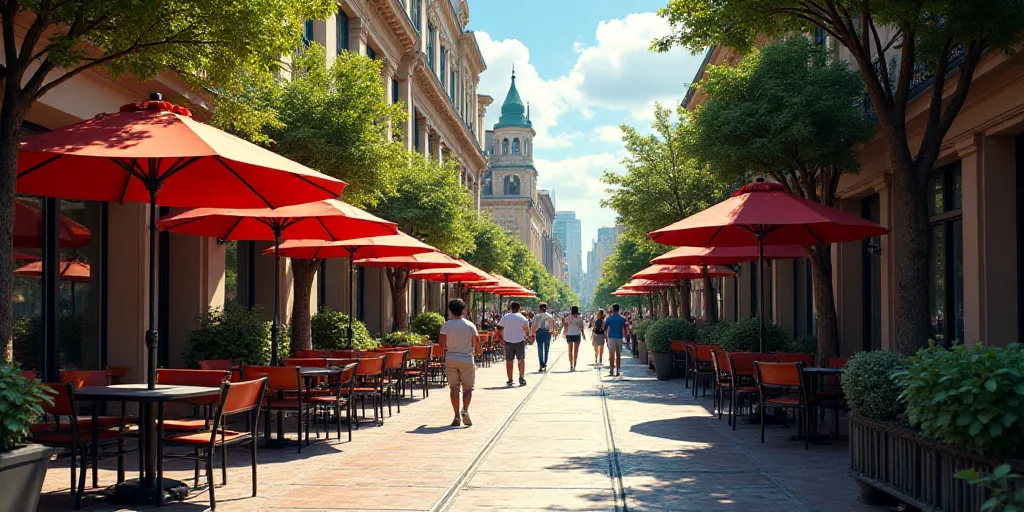 a street with tables and chairs and umbrellas on the side of it and people walking by the sidewalk,