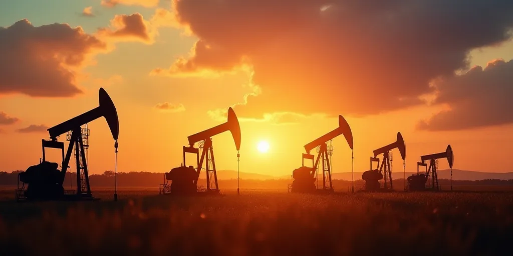 a sunset view of oil pumps in the middle of a field with a sky background and clouds in the backgrou