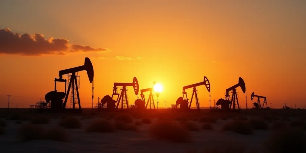 a sunset view of oil pumps in the desert with the sun setting in the background and a few clouds, An