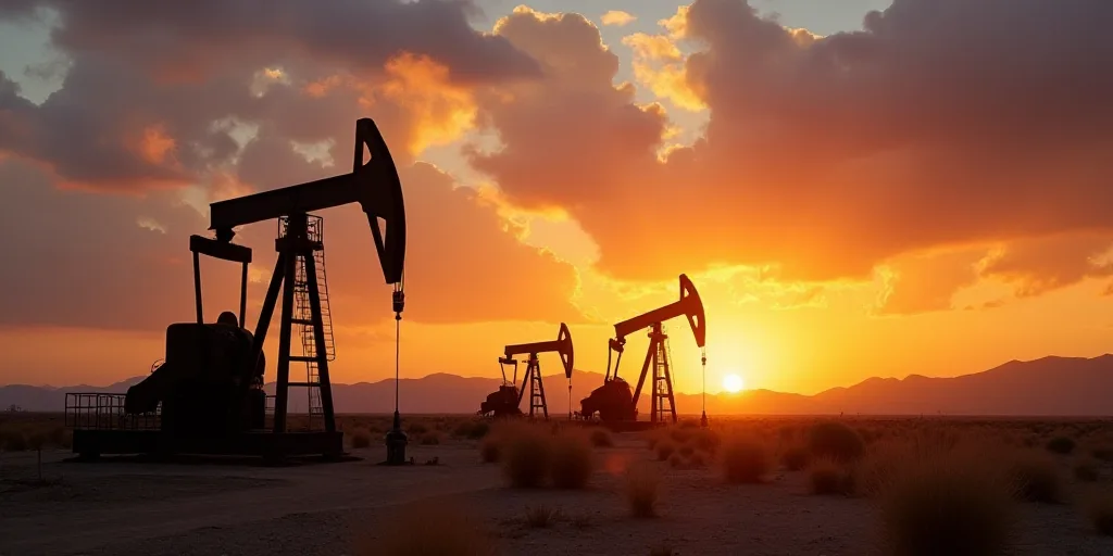 a sunset view of oil pumps in the desert with a sky background and clouds in the background, with a
