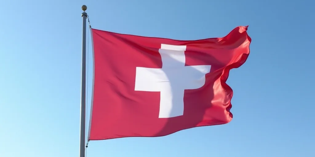 a swiss flag flying in the wind on a clear day with a blue sky in the background and a white cross o