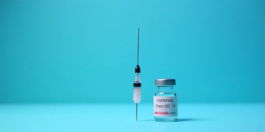 a syquet with a needle in it next to a bottle of vaccine covid - 19 liquid on a blue background, Avg