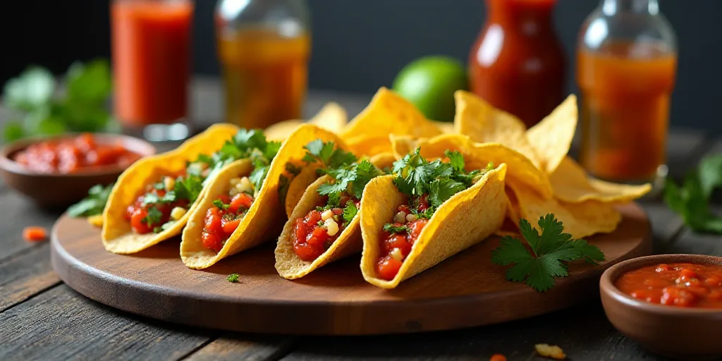 a table filled with tacos and salsas and chips and salsa sauces and salsa sauces and salsa sauces, A