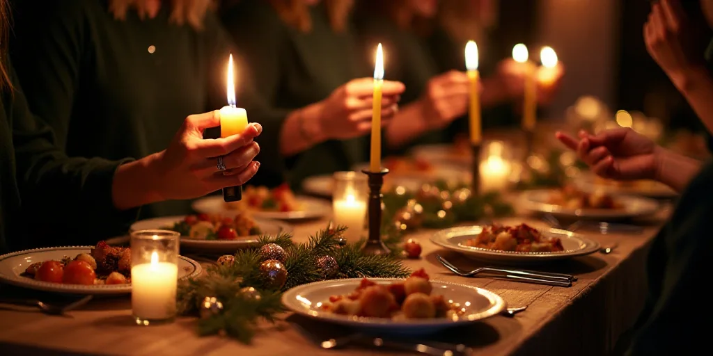 a table full of food and people holding candles and plates of food and plates of food and candles on