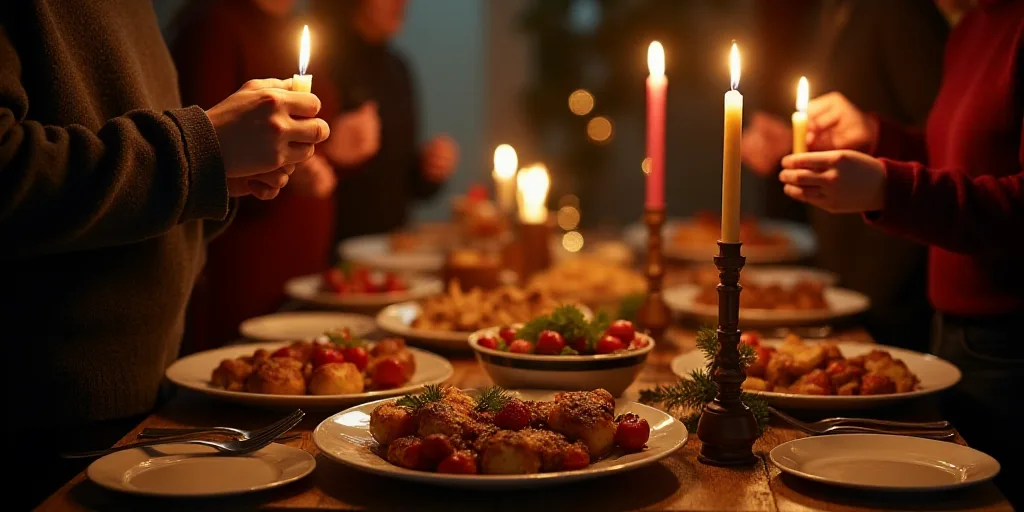 a table full of food and people holding candles and plates of food and plates of food and candles on