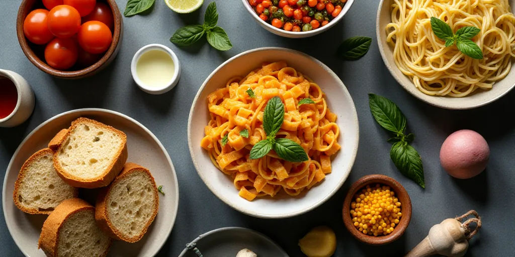 a table topped with bowls of food and pasta next to bread slices and pasta noodles on a plate and bo