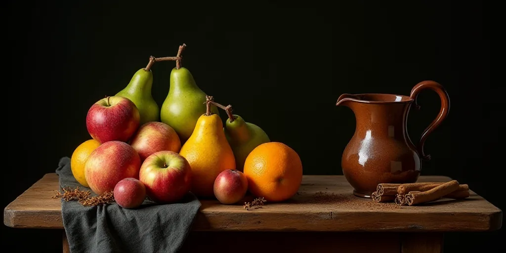 a table with a bunch of fruit on it and a pitcher of cinnamons on the table next to it, Caravaggio,