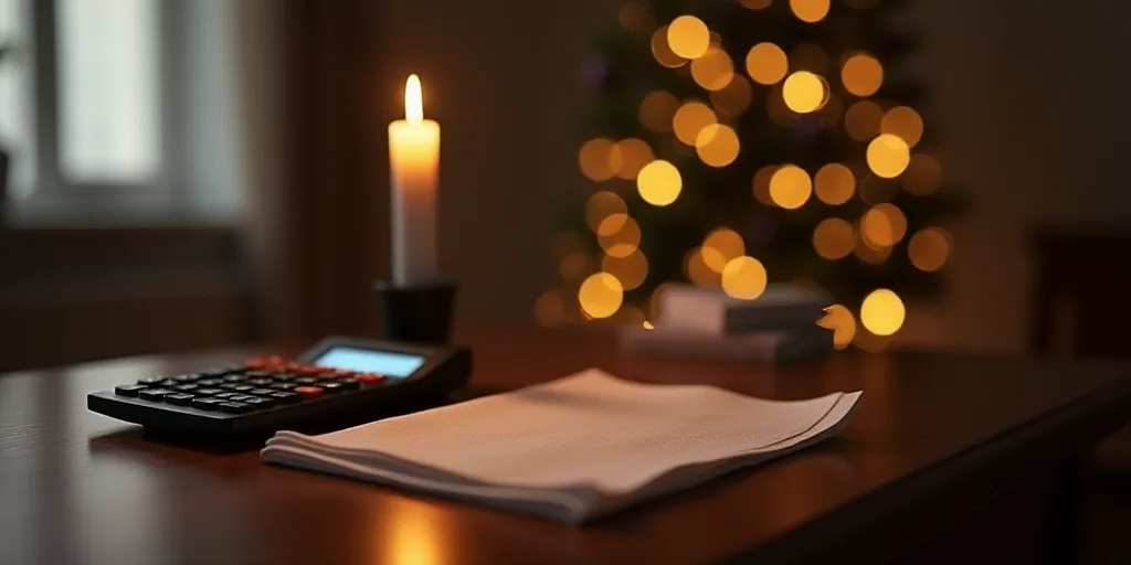 a table with a calculator, napkins and a candle on it with a christmas tree in the background, Ernes