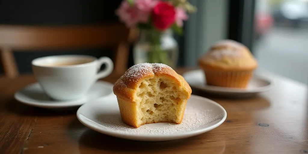 a table with a cup of coffee and a muffin on it, and a plate with a muffin on it, Claire Dalby, food