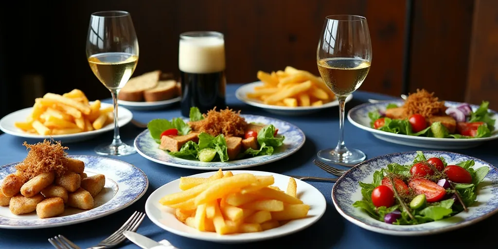 a table with plates of food and drinks on it, including fries, salads, and wine glasses, Delaunay, f