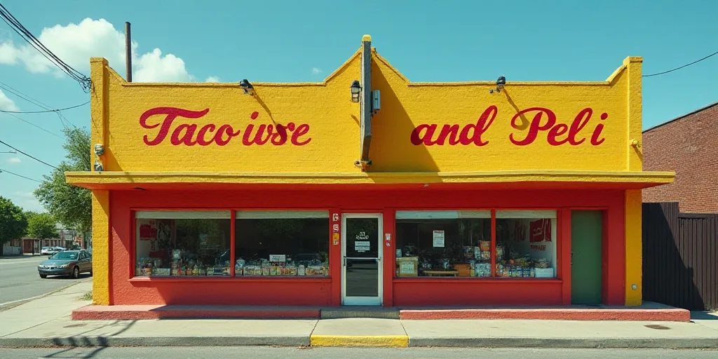 a taco shop with a sign that says tacos and peli on the side of the building, Felix-Kelly, hypermaxi