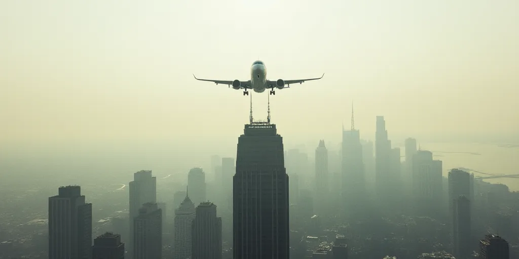 a tall building with a plane flying in the sky above it and a city in the background with a hazy sky